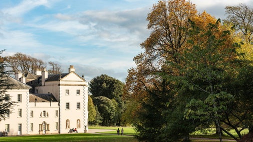 A view of Saltram's Georgian house façade surrounded by colourful autumn leaves that have fallen on the lawn